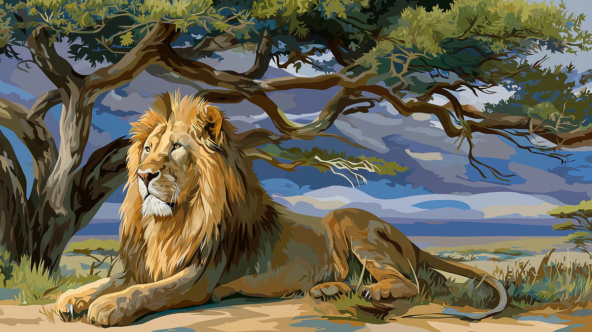 Lion Under Acacia Tree Mural Wallpaper — Safari Wildlife Illustration Mural Wallpaper - room preview 04