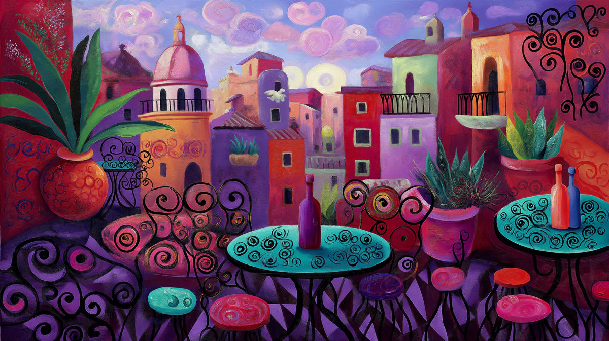 Mediterranean Terrace Mural Wallpaper — Vibrant Oil Painting Style Mural Wallpaper - room preview 04