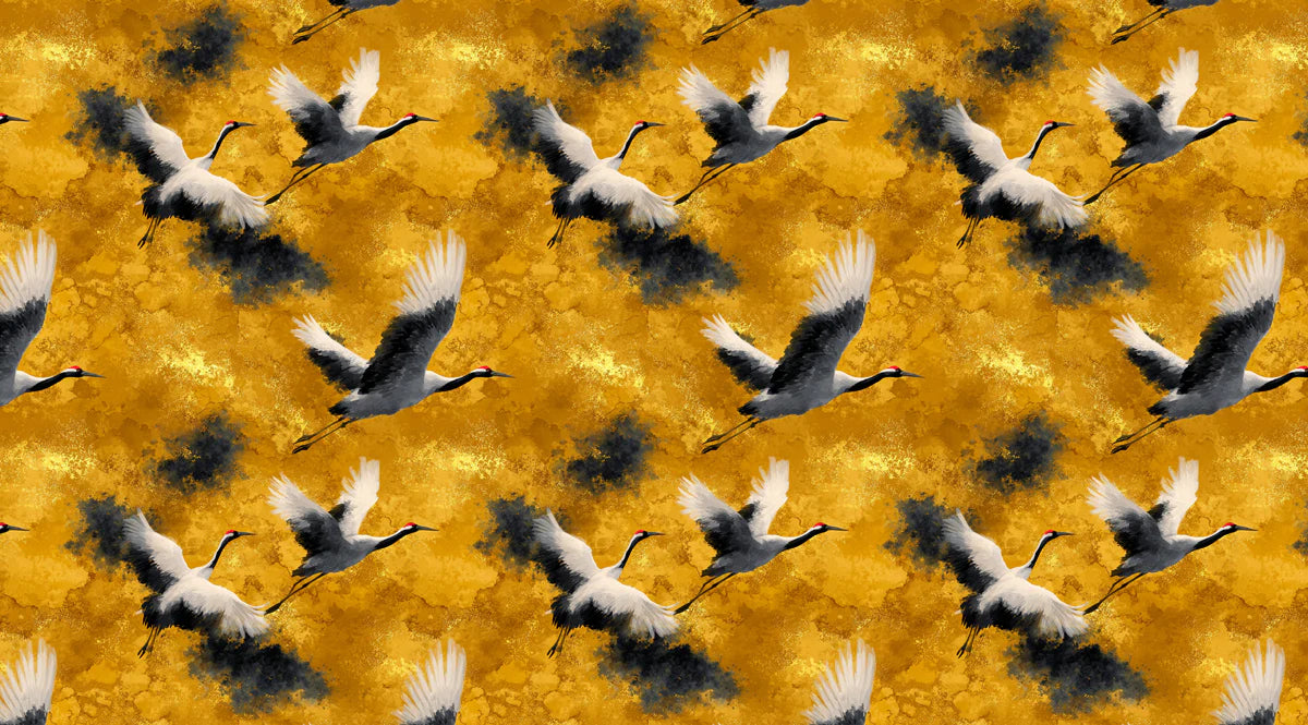 Ink Wash Crane Flight Mural Wallpaper — Golden Ochre and Charcoal Mural Wallpaper - room preview 04