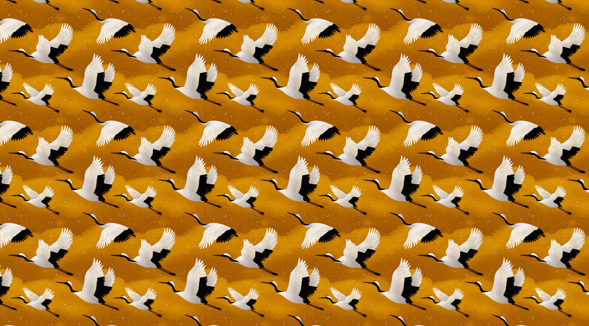 Golden Crane Flight Mural Wallpaper — Artistic East Asian Motif Mural Wallpaper - room preview 04