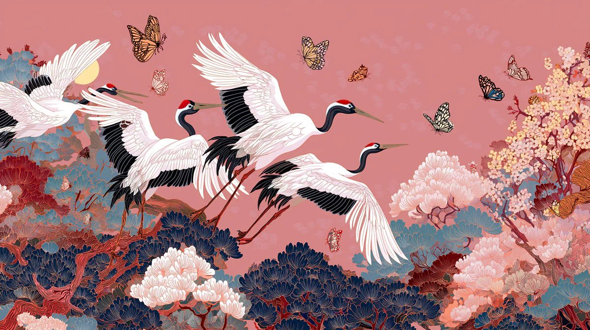 Cranes and Pine Trees Mural Wallpaper — Soft Pink Chinoiserie Mural Wallpaper - room preview 04