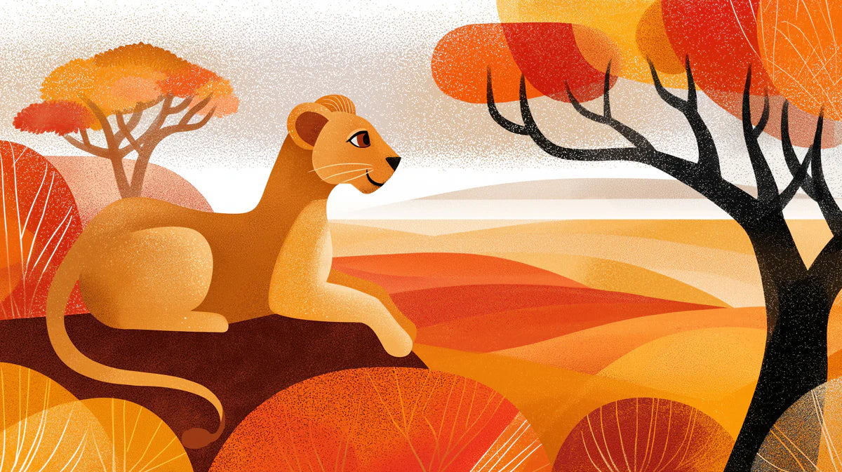 Stylized Lioness Safari Mural Wallpaper — Mid-Century Graphic Art Mural Wallpaper - room preview 04