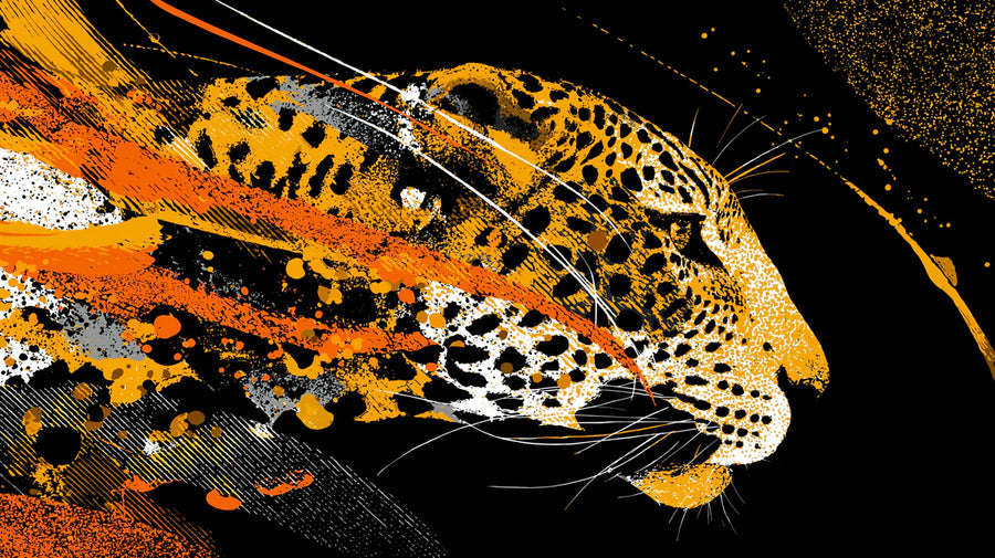 Abstract Wallpaper Mural – Modern Art Wall Mural – Jaguar Motion — Dynamic Abstract Art in Black and Orange printable artwork
