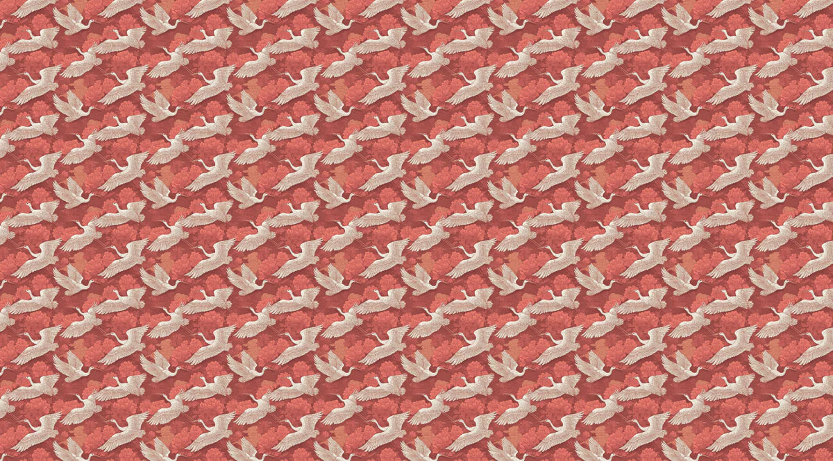 Flying Crane Chinoiserie Mural Wallpaper —Muted Coral Pink Mural Wallpaper - room preview 04