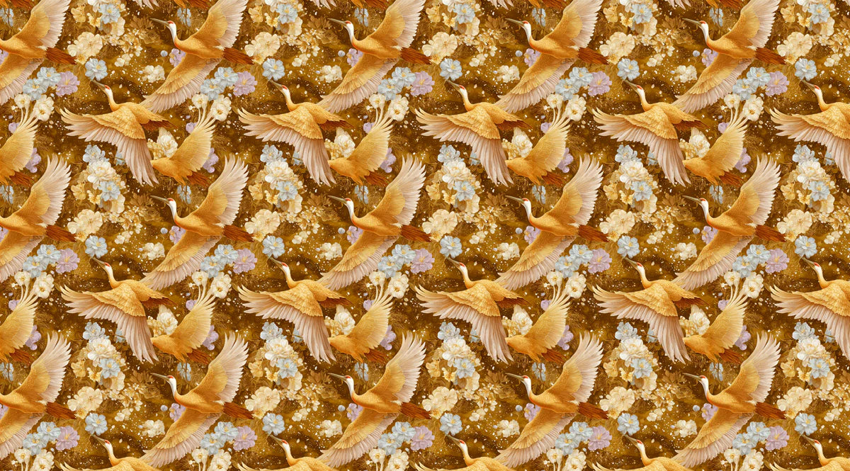 Golden Crane Botanical Mural Wallpaper — Warm Traditional Art Mural Wallpaper - room preview 04