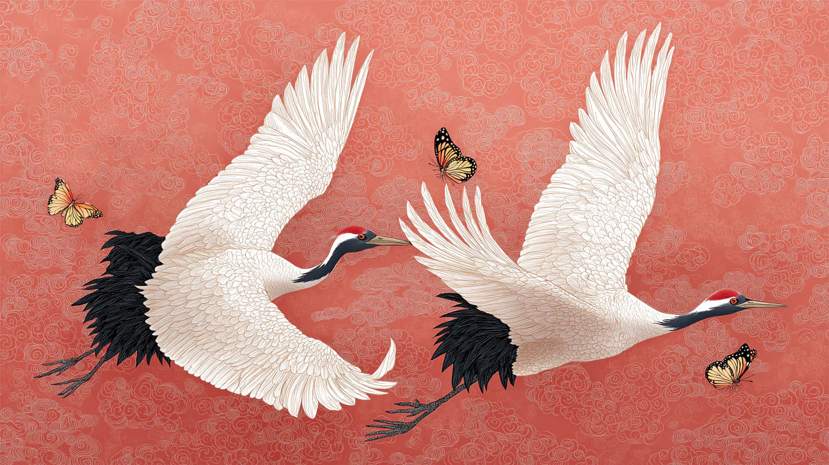 Soaring Cranes Coral Mural Wallpaper — Asian Inspired Art Mural Wallpaper - room preview 04