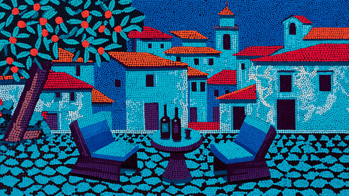 Mediterranean Town Pointillism Mural Wallpaper in Vibrant Blues Mural Wallpaper - room preview 04
