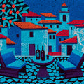 Mediterranean Town Pointillism Mural Wallpaper in Vibrant Blues Mural Wallpaper - room preview 04