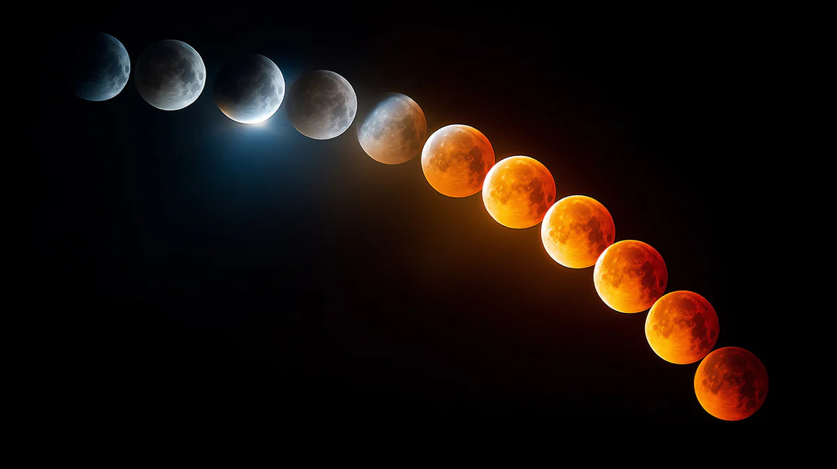 Lunar Eclipse Progression Mural Wallpaper Full Color Shift, Time-Lapse Celestial Event, Dark Background Mural Wallpaper - room preview 04