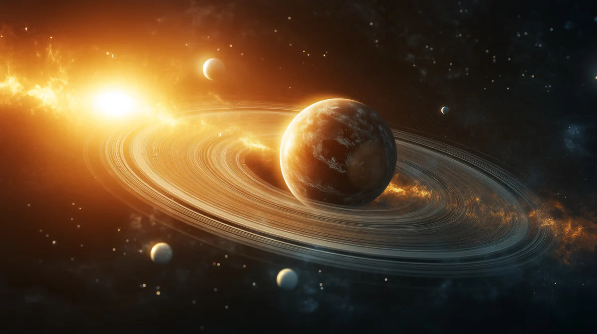 Orbital Ringed Planet Mural Wallpaper —Celestial Glow Design Mural Wallpaper - room preview 04