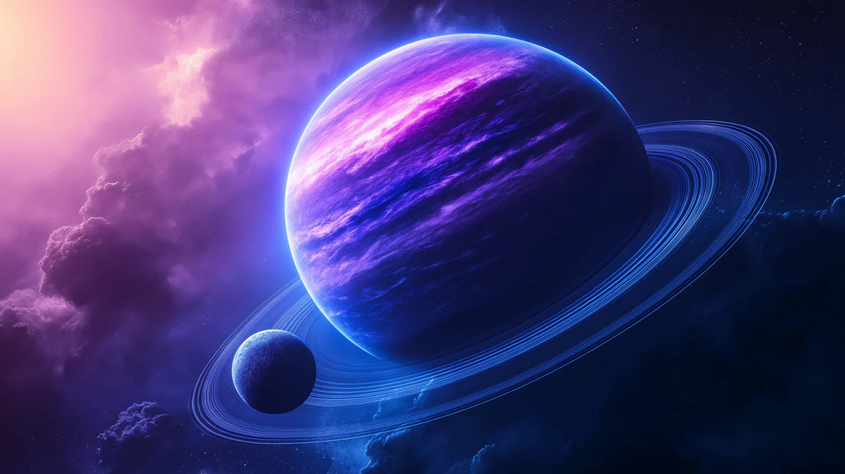 Neon Ringed Planet Mural Wallpaper — Cosmic Space Fantasy Mural Wallpaper - room preview 04