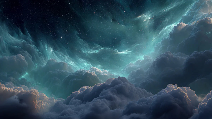 Tapete mit Nebelwolken – Fototapete „Tiefer Petrol und Indigo Kosmische Ansicht“ printable artwork