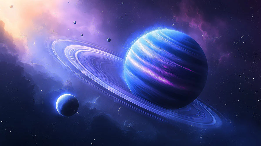 Celestial Wallpaper Mural – Stars & Moon Wall Mural – Celestial Ringed Planet — Cosmic Azure and Indigo printable artwork