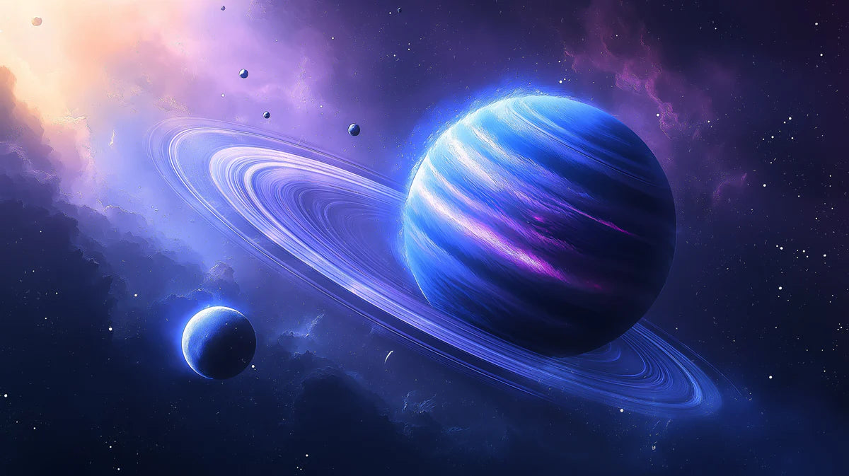Celestial Ringed Planet Mural Wallpaper — Cosmic Azure and Indigo Mural Wallpaper - room preview 04