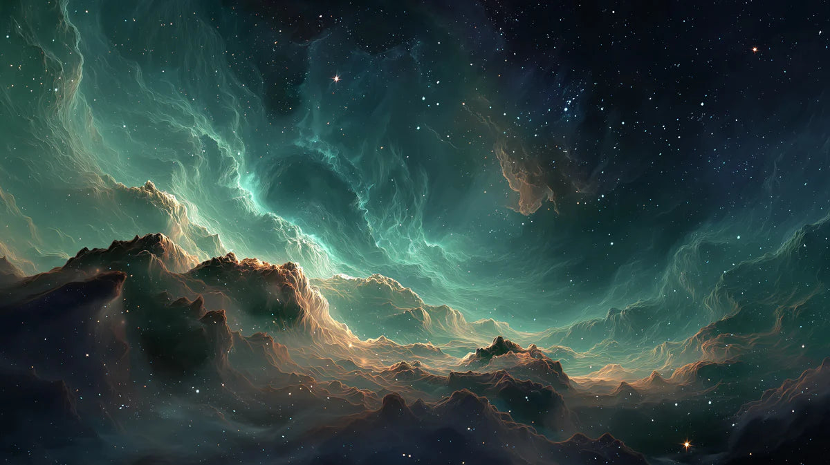 Nebula Canyon Mural Wallpaper — Teal and Gold Cosmic Landscape Mural Wallpaper - room preview 04