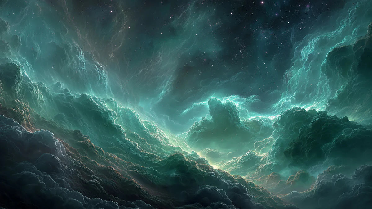 Emerald Nebula Cloud Mural Wallpaper — Deep Space Cosmic Design Mural Wallpaper - room preview 04