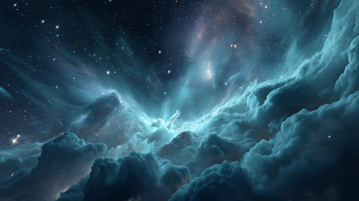 Nebula Cloudscape Mural Wallpaper — Deep Teal and Cosmic Blue Mural Wallpaper - room preview 04