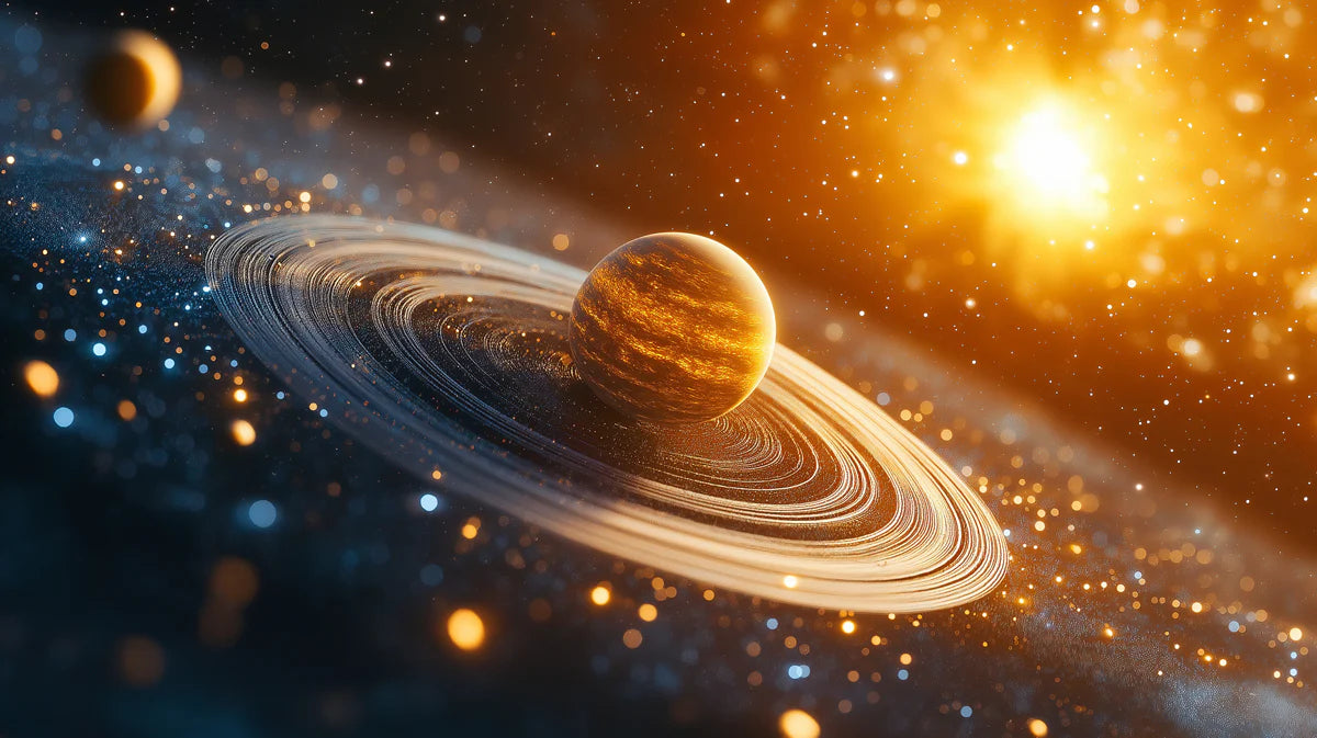 Golden Ringed Planet Mural Wallpaper —Cinematic Cosmic Design Mural Wallpaper - room preview 04