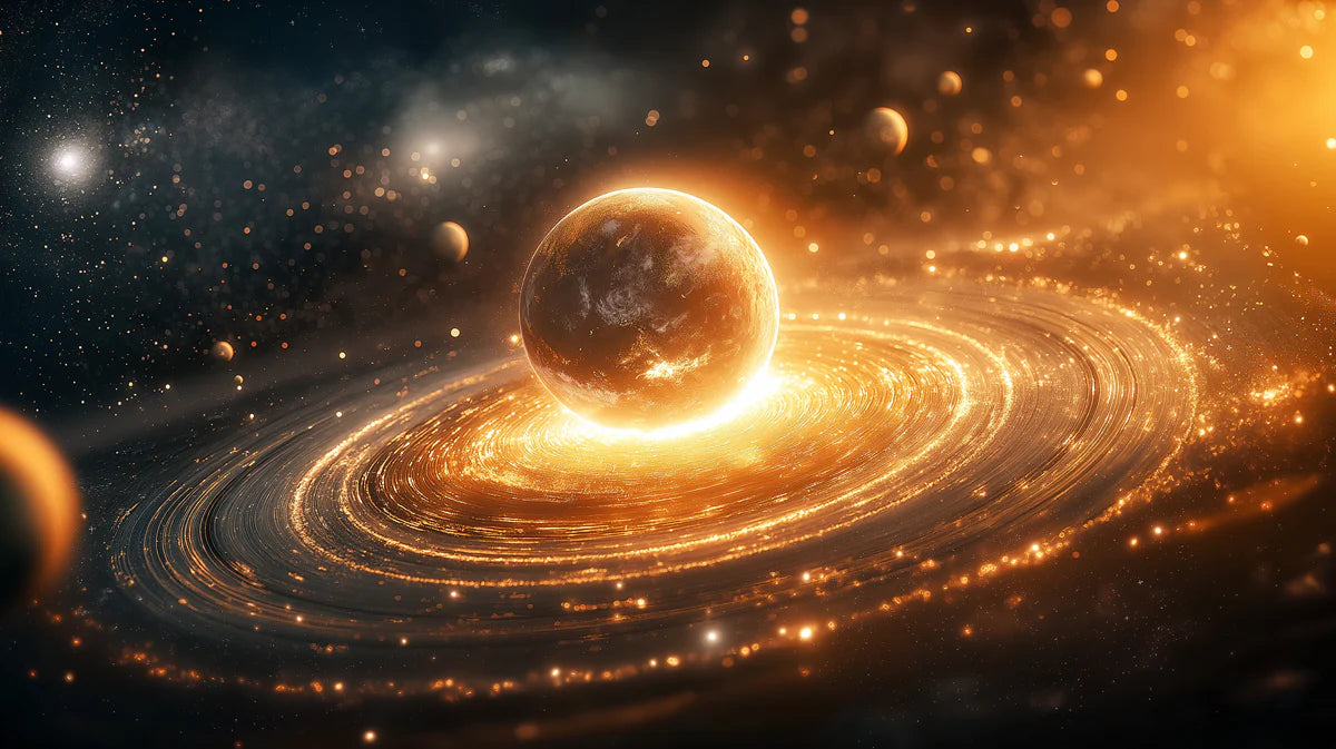 Golden Ringed Planet Mural Wallpaper — Cinematic Cosmic Glow Mural Wallpaper - room preview 04