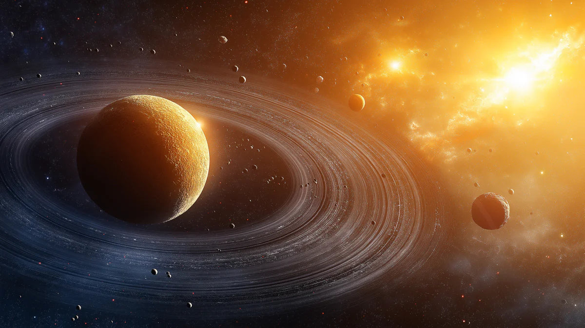 Golden Ringed Planet Space Mural Wallpaper — Cosmic Horizon Design Mural Wallpaper - room preview 04