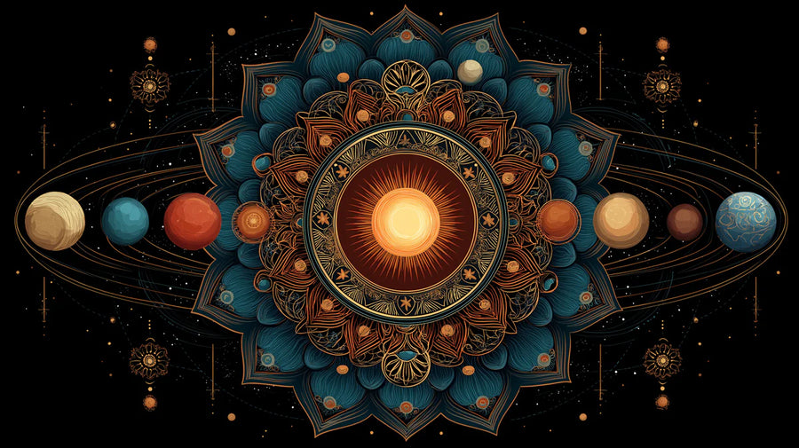 Solar System Wallpaper Mural – Planet Wall Mural – Celestial Lotus Mandala — Deep Teal and Gold Orbits printable artwork