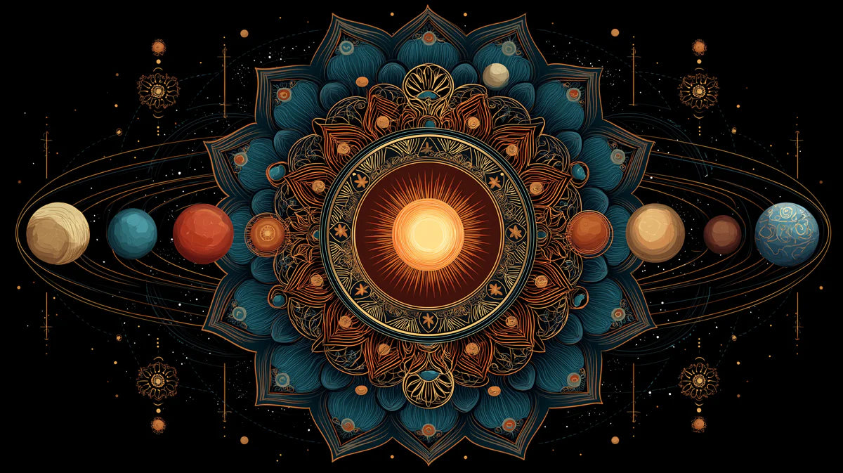 Celestial Lotus Mandala Mural Wallpaper — Deep Teal and Gold Orbits Mural Wallpaper - room preview 04