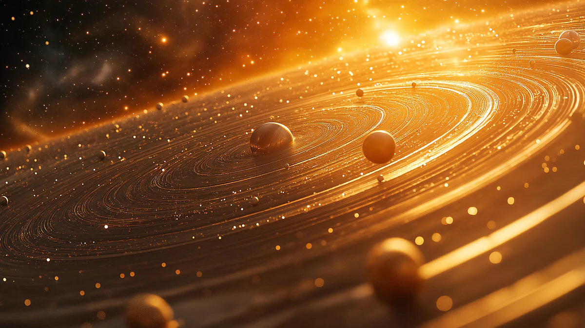 Orbital Rings Celestial Mural Wallpaper —Golden Cosmic Depth Mural Wallpaper - room preview 04