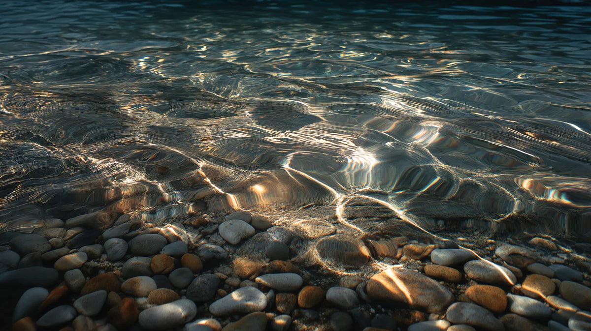 Sunlit Pebble Shore Mural Wallpaper — Calm Coastal Shoreline Mural Wallpaper - room preview 04