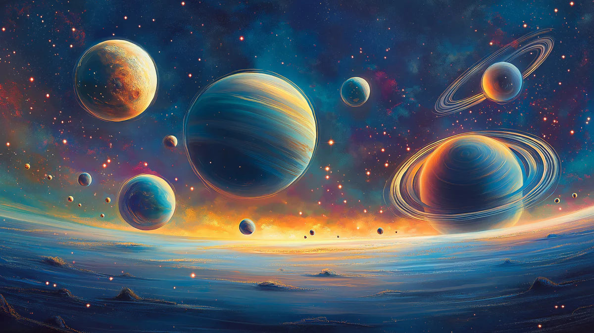 Cosmic Planetary Alignment Mural Wallpaper — Vivid Space Panorama Mural Wallpaper - room preview 04
