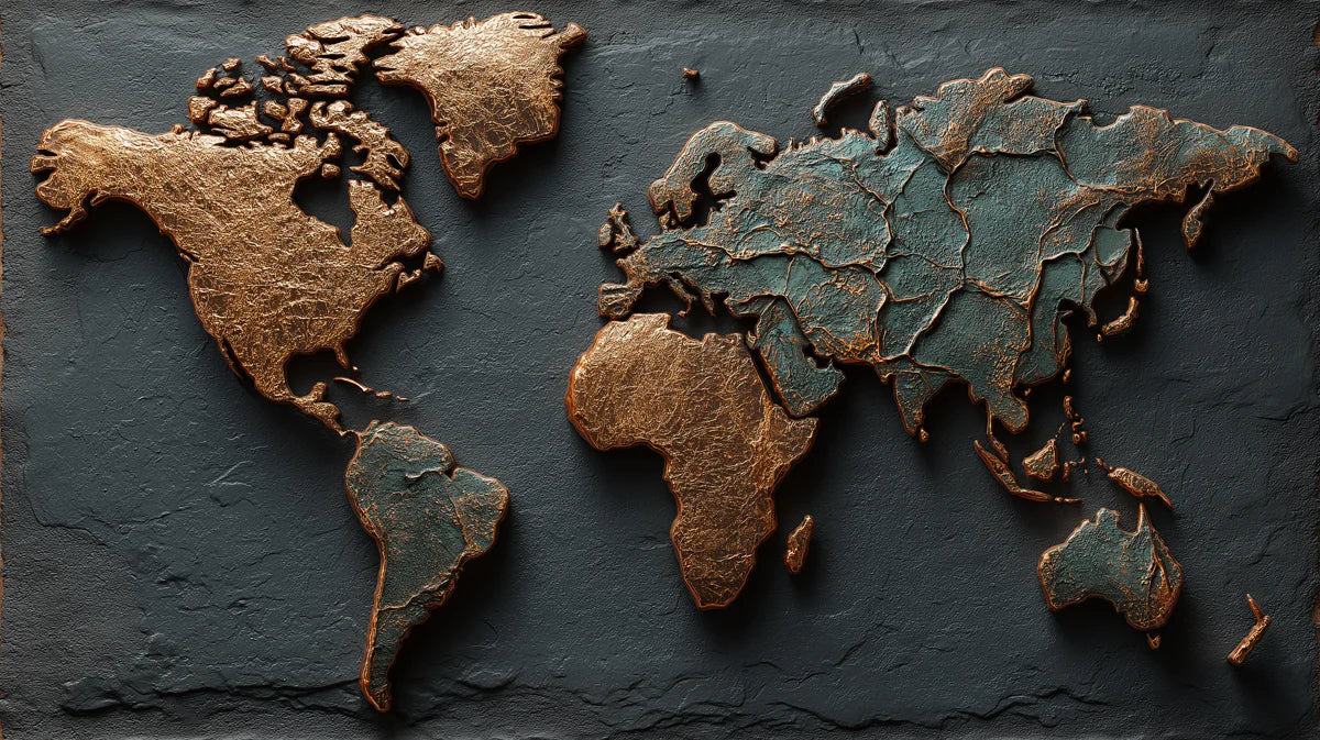 Dual-Tone Metallic World Map Mural Wallpaper — Industrial Relief Mural Wallpaper - room preview 04