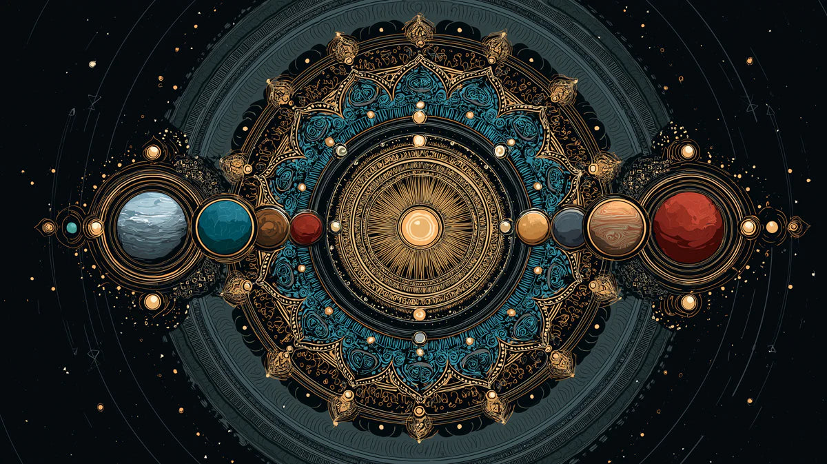 Celestial Mandala Mural Wallpaper — Intricate Cosmic Alignment Mural Wallpaper - room preview 04