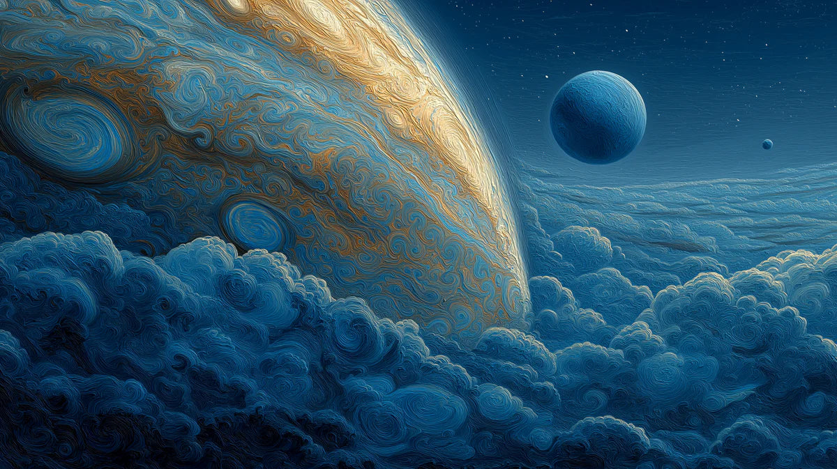 Cosmic Gas Giant Mural Wallpaper — Swirling Blue and Gold Clouds Mural Wallpaper - room preview 04