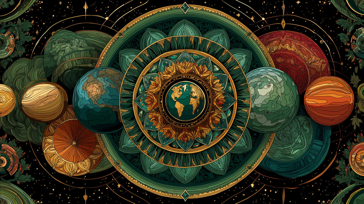 Celestial Mandala Mural Wallpaper — Earthy Cosmic Geometry Mural Wallpaper - room preview 04