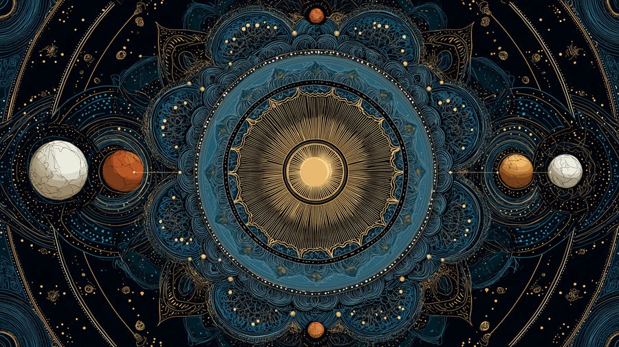 Mandala Wallpaper Mural – Zen Pattern Wall Mural – Celestial Mandala — Deep Navy and Gold Astronomy printable artwork