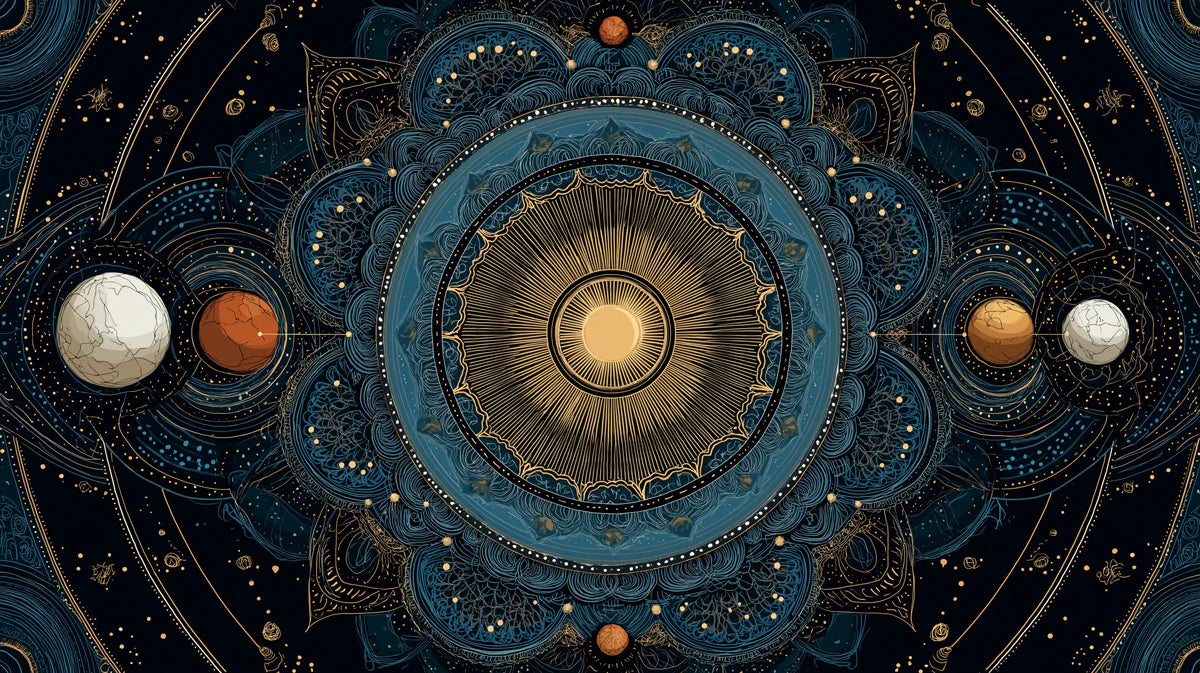 Celestial Mandala Mural Wallpaper — Deep Navy and Gold Astronomy Mural Wallpaper - room preview 04