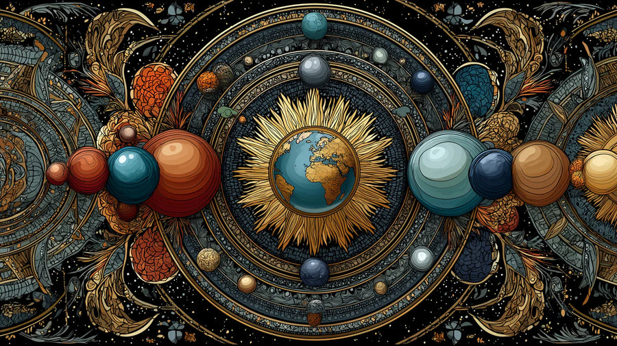 Solar System Wallpaper Mural – Planet Wall Mural – Celestial Orbits — Ornate Solar System Motif printable artwork