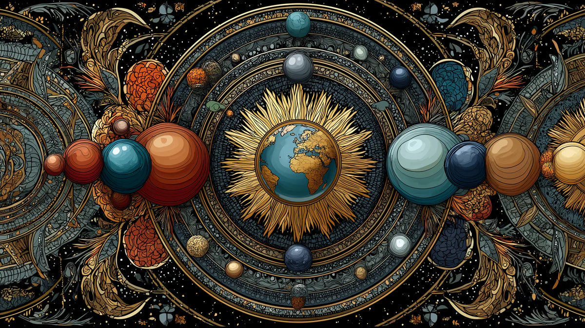 Celestial Orbits Mural Wallpaper — Ornate Solar System Motif Mural Wallpaper - room preview 04