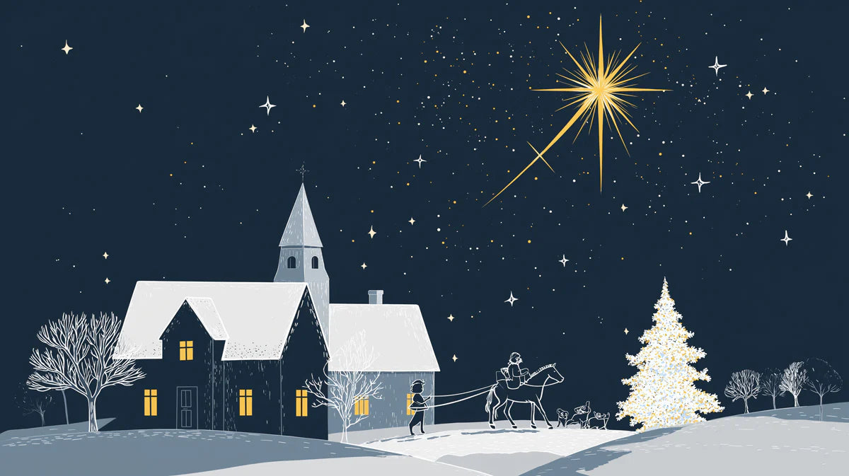 Starry Winter Village Mural Wallpaper — Midnight Blue Night Scene Mural Wallpaper - room preview 04