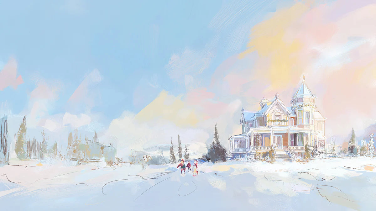 Snowy Mansion Landscape Mural Wallpaper — Impressionistic Winter Mural Wallpaper - room preview 04