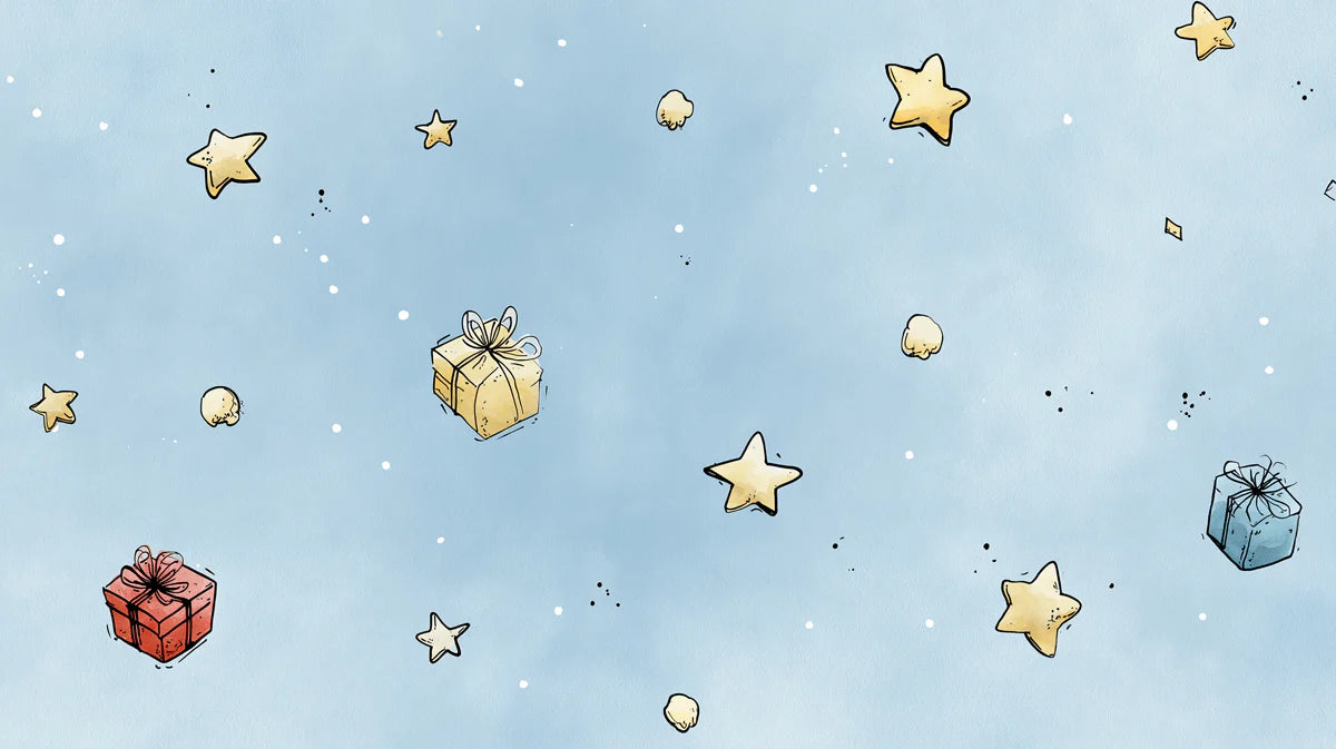 Floating Stars and Gifts Mural Wallpaper —Whimsical Sketch Mural Wallpaper - room preview 04