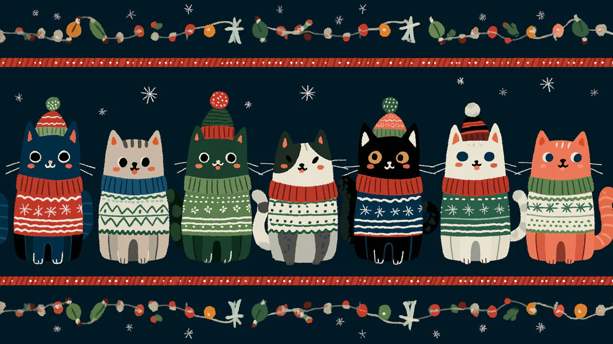 Nordic Cat Sweater Border Mural Wallpaper — Festive Folk Art Style Mural Wallpaper - room preview 04