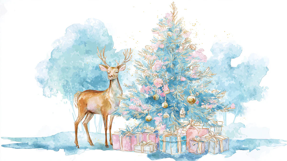 Watercolor Deer and Christmas Tree Mural — Soft Pastel Holiday Mural Wallpaper - room preview 04