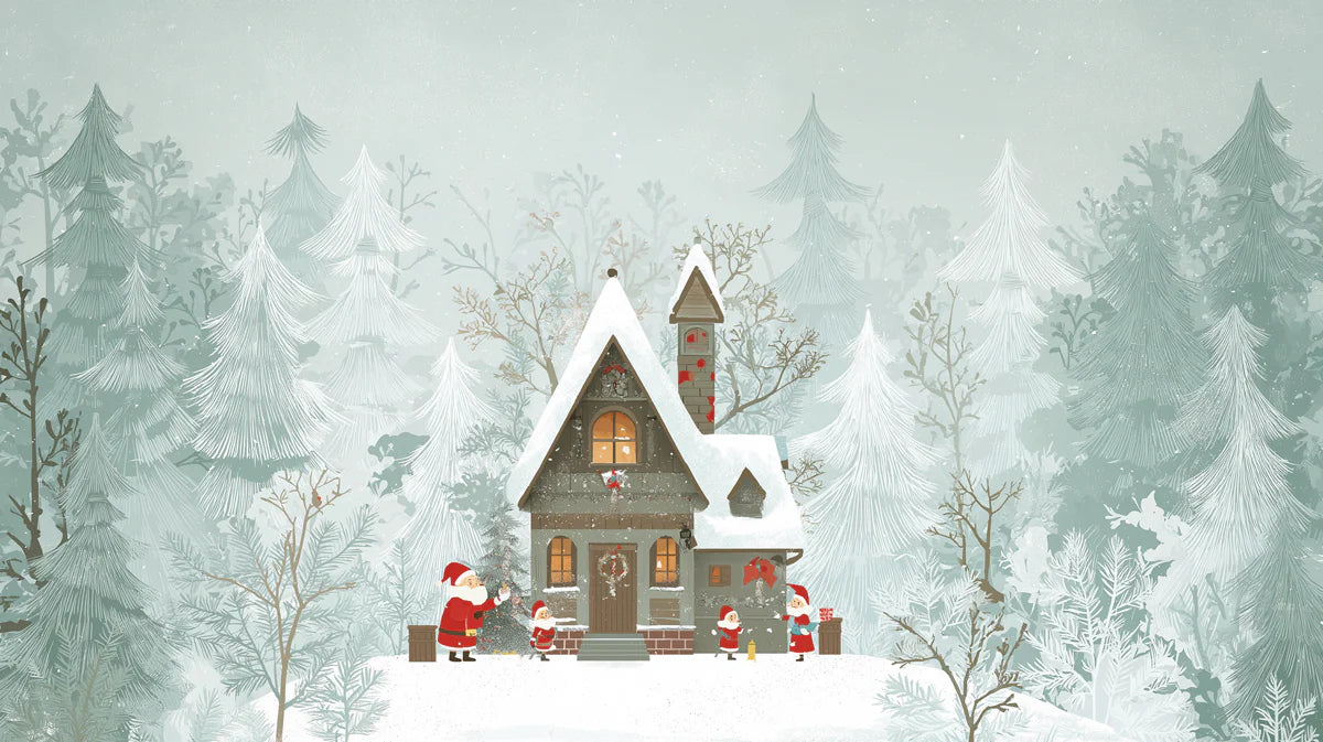 Snowy Cabin Woodland Mural Wallpaper — Whimsical Winter Illustration Mural Wallpaper - room preview 04