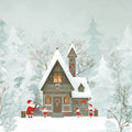 Snowy Cabin Woodland Mural Wallpaper — Whimsical Winter Illustration Mural Wallpaper - room preview 04