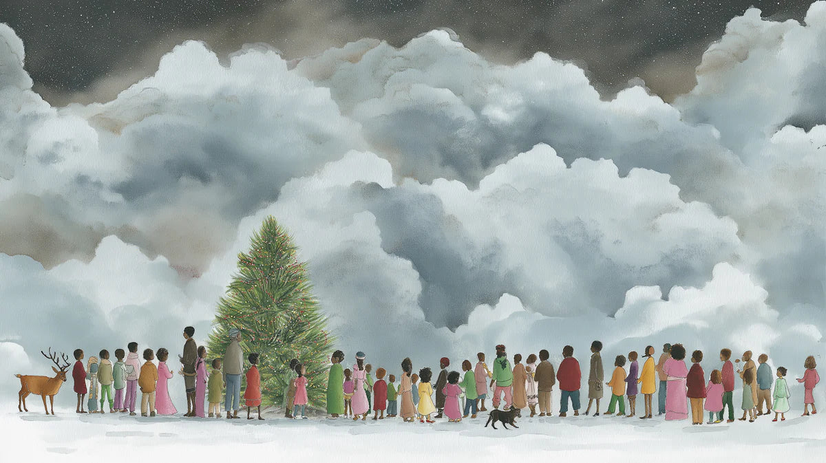 Snowy Christmas Gathering Mural Wallpaper — Artistic Winter Scene Mural Wallpaper - room preview 04