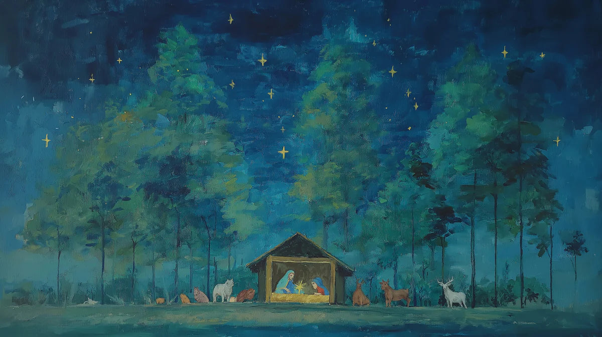 Starry Night Nativity Scene Mural Wallpaper — Artistic Forest Oil Art Mural Wallpaper - room preview 04