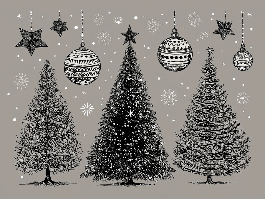Forest Wallpaper Mural – Woodland Wall Mural – Engraved Christmas Tree Trio — Festive Sketch Art printable artwork