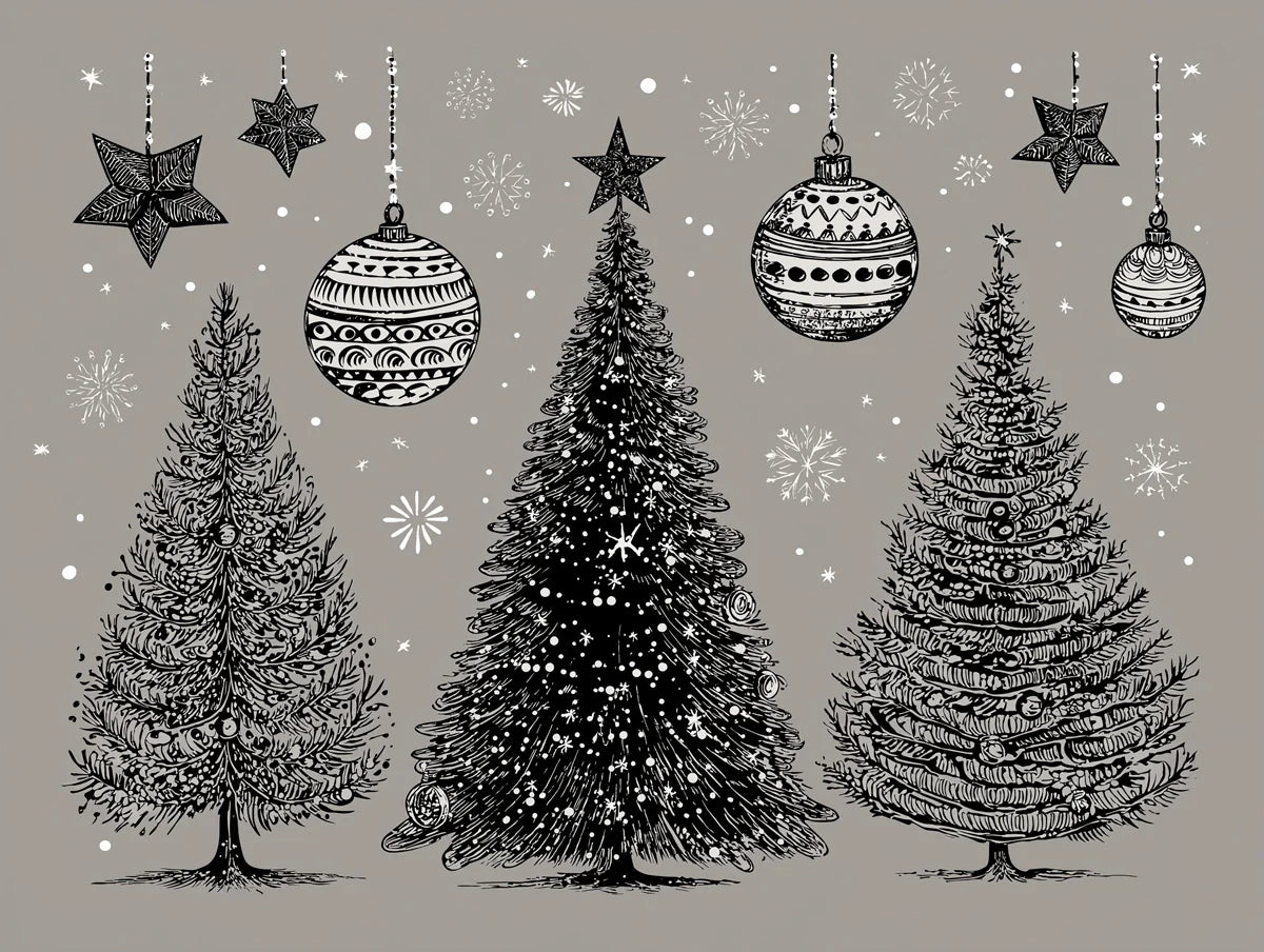 Engraved Christmas Tree Trio Mural Wallpaper — Festive Sketch Art Mural Wallpaper - room preview 04