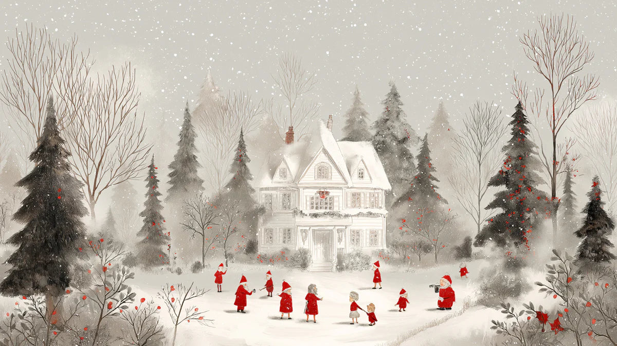 Snowy Victorian Mansion Illustration Mural Wallpaper - room preview 04