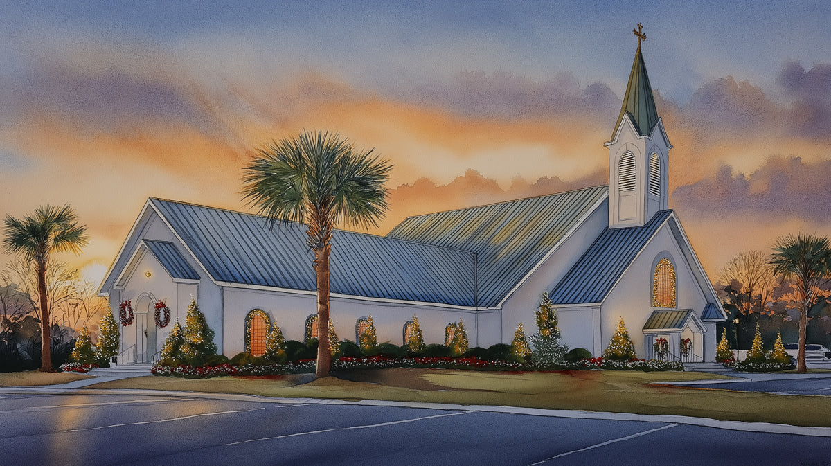 Coastal Church Sunset Mural Wallpaper — Warm Watercolor Landscape Mural Wallpaper - room preview 04